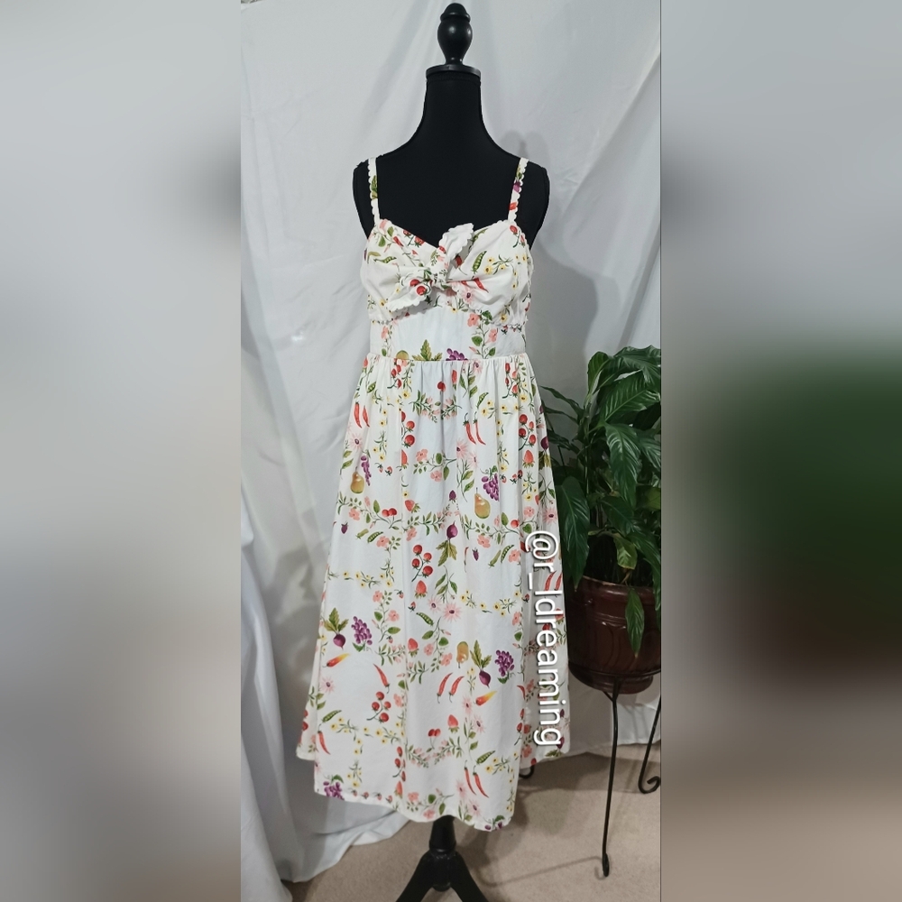 NWT Fruit Floral Print Fit & Flare Sleeveless Seersucker Midi Dress Size Small